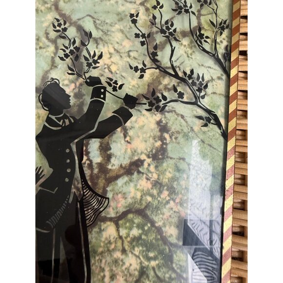 Vintage 40's Pair Reverse Painted Silhouette Pictures Convex Trees Convex Glass - Picture 10 of 11